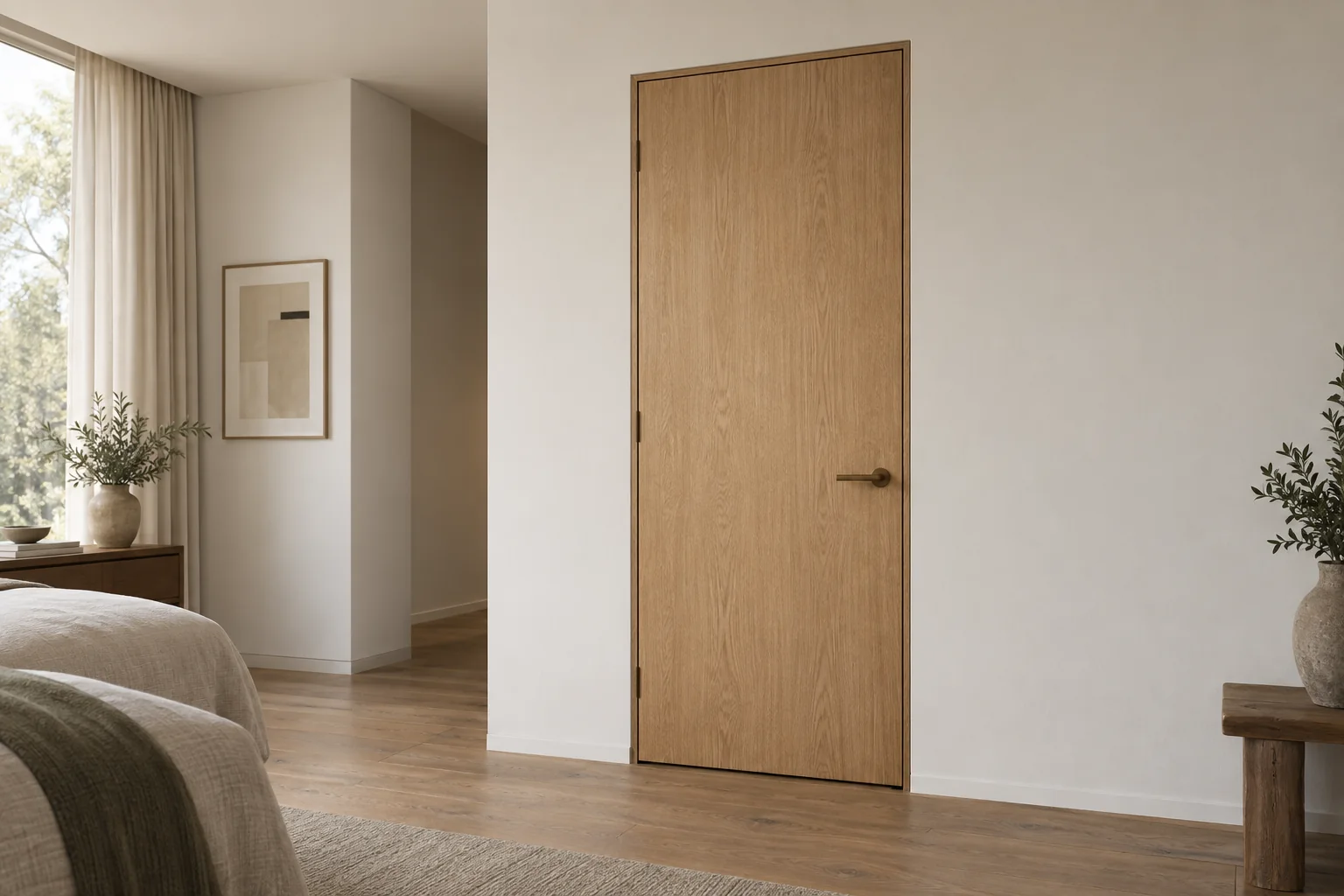 Full-height oak flush interior swing door with concealed frame and lever handle