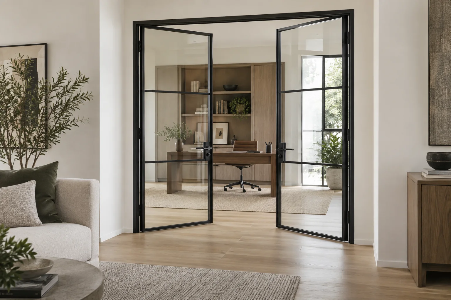 Double black aluminum-framed glass interior doors opening to a home office