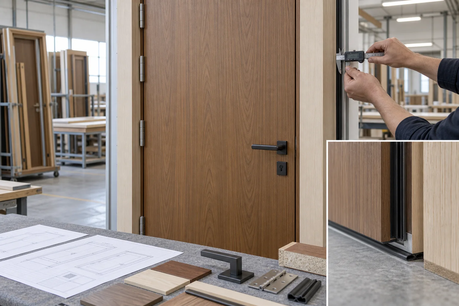 Interior door set being measured with finish hardware and seal samples at a workshop inspection station