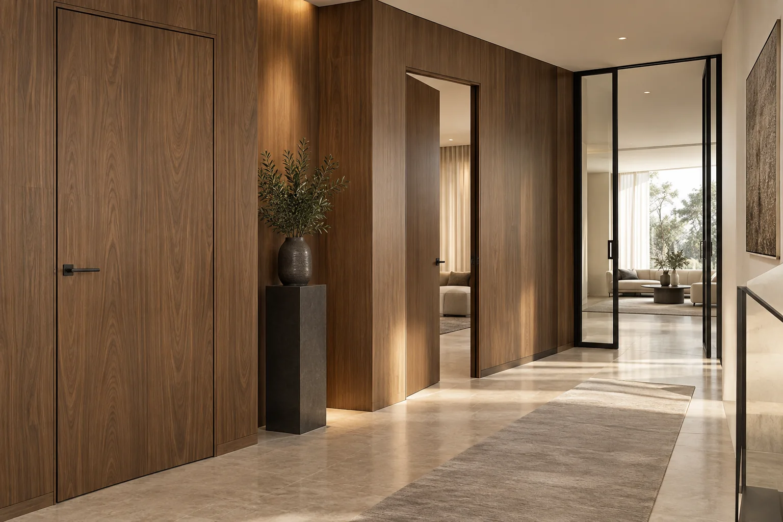 Contemporary villa corridor with flush timber doors and aluminum-framed glass interior doors
