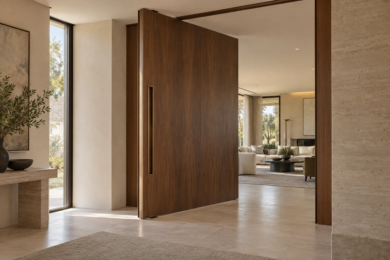 Oversized walnut interior pivot door between a villa foyer and living room