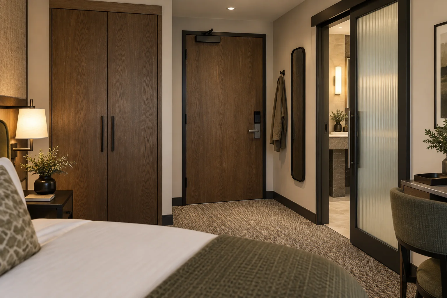 Boutique hotel guestroom with entry wardrobe and fluted-glass bathroom doors
