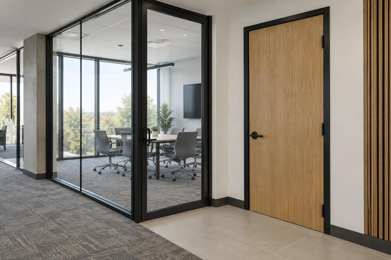 Commercial office corridor with glass meeting-room and solid service doors