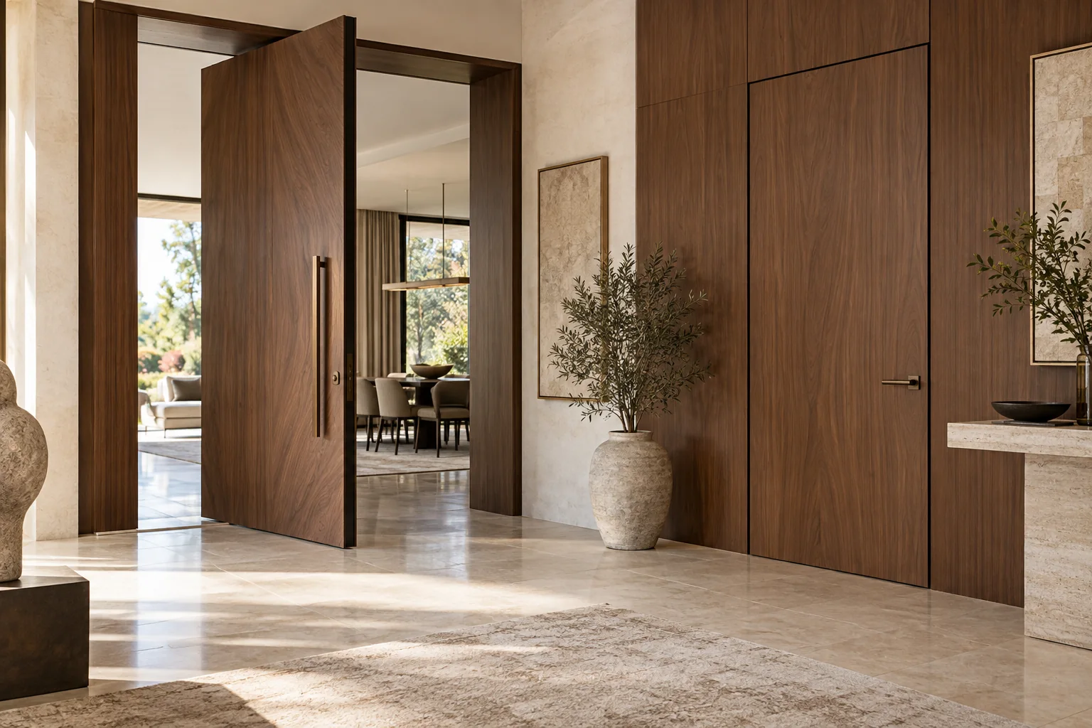 Luxury villa foyer with walnut pivot and concealed flush interior doors