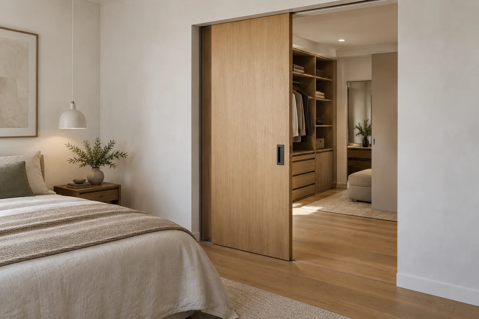 Oak pocket door partially open between a bedroom and dressing area