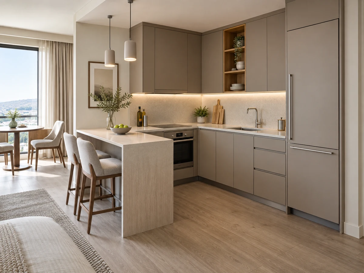 Compact taupe extended-stay hotel kitchen with peninsula, dining nook and integrated appliances