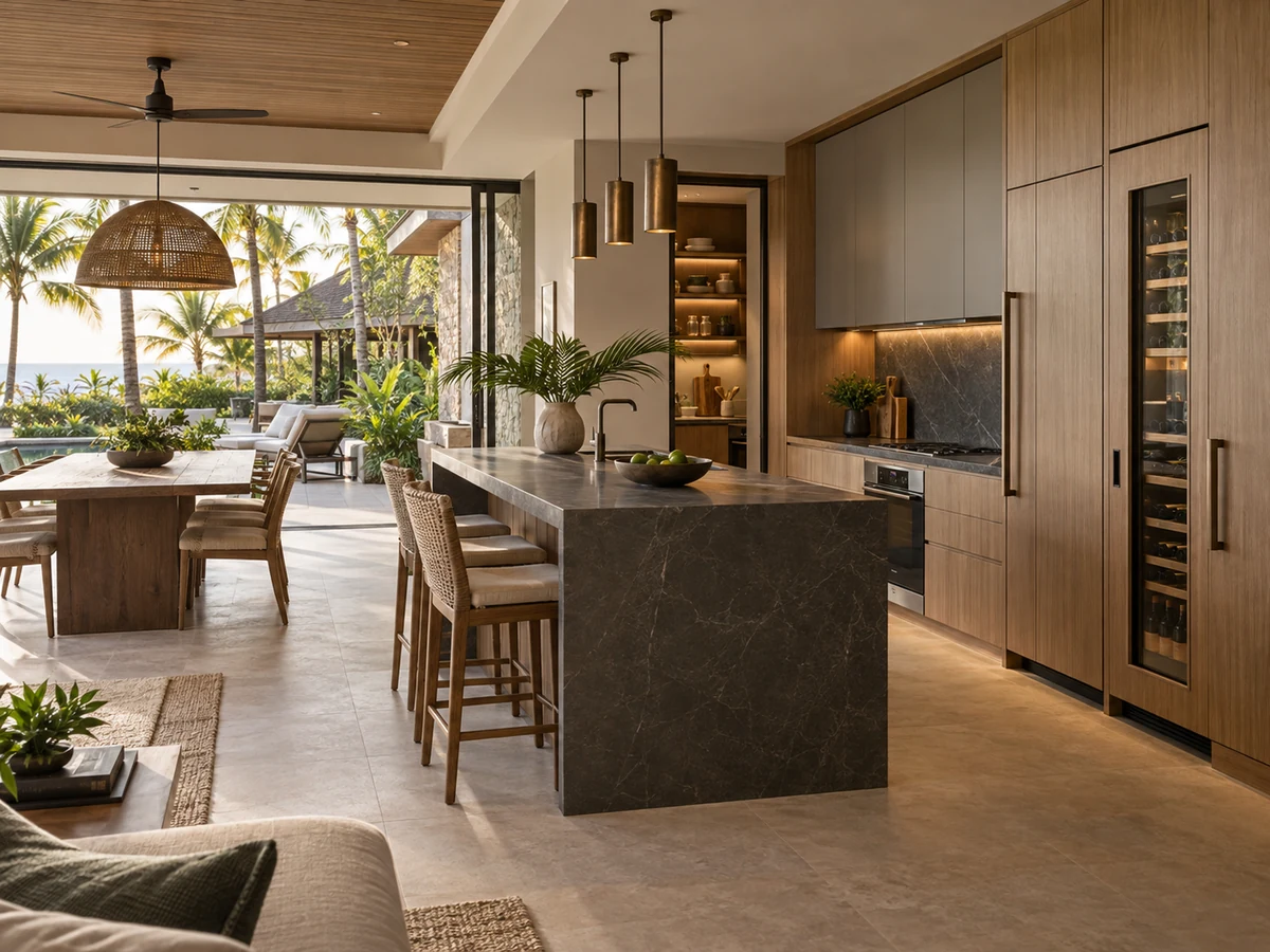 Open-plan boutique resort villa kitchen with oak cabinetry, dark stone island and coordinated dining area