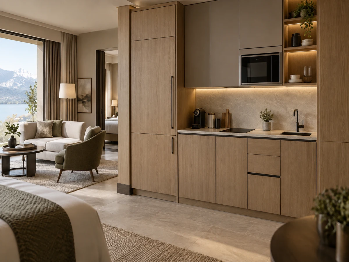 Custom boutique hotel suite kitchenette with oak cabinetry, integrated appliances and a compact hospitality layout