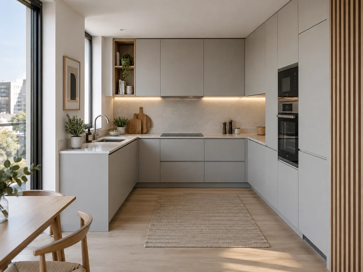 Compact light-gray handleless apartment kitchen with oak accents and integrated appliances