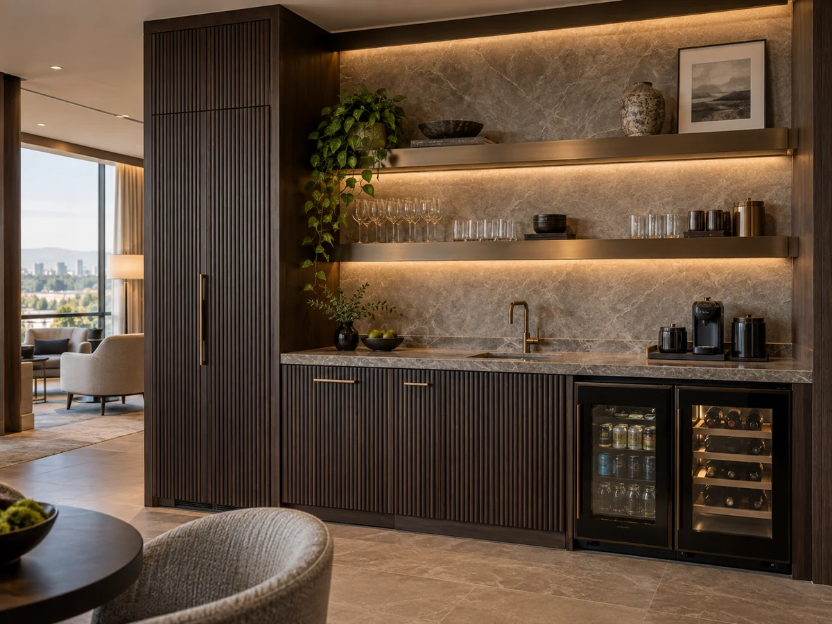 Dark ribbed timber hospitality pantry and bar cabinetry with stone surface and undercounter refrigeration