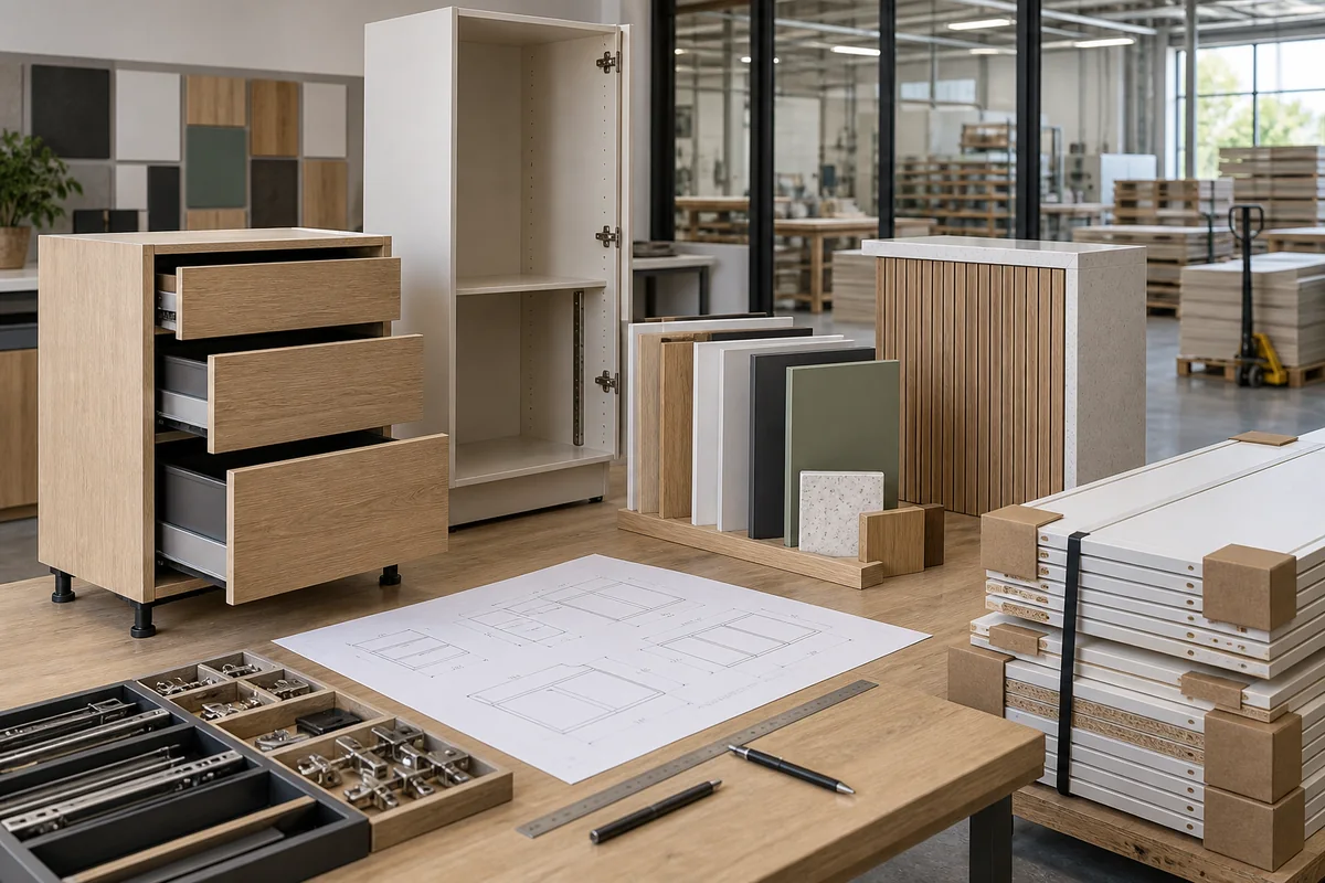 Cabinet configuration studio with assembled modules, door samples, hardware, drawings and protected flat-pack panels