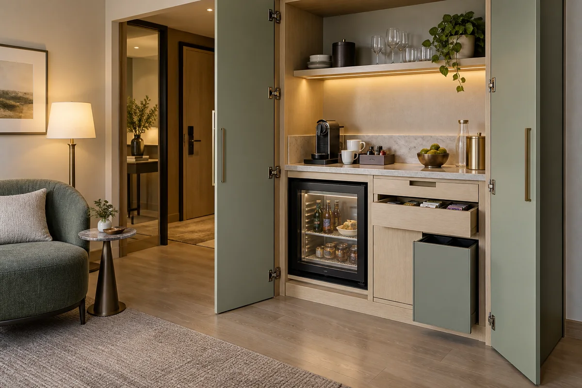 Boutique hotel suite pantry with pocket doors, minibar refrigeration, coffee station and service storage