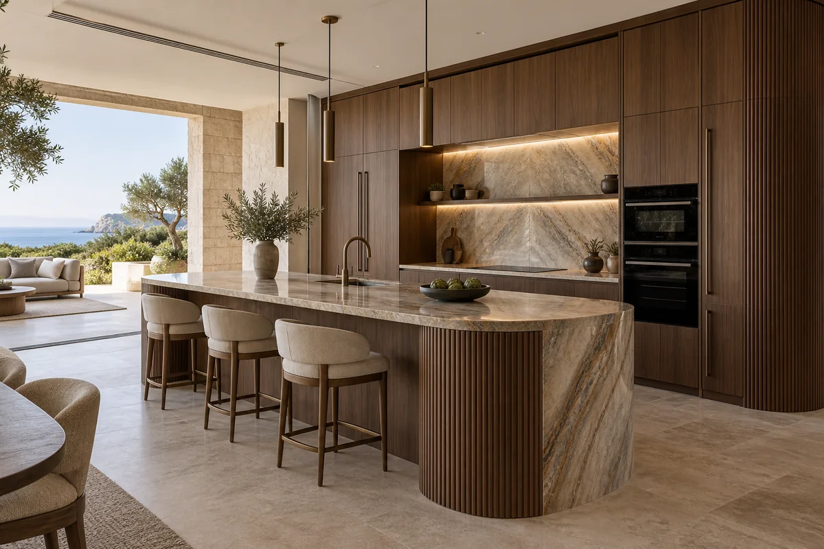 Bespoke walnut villa kitchen with curved stone island and coordinated full-height cabinetry