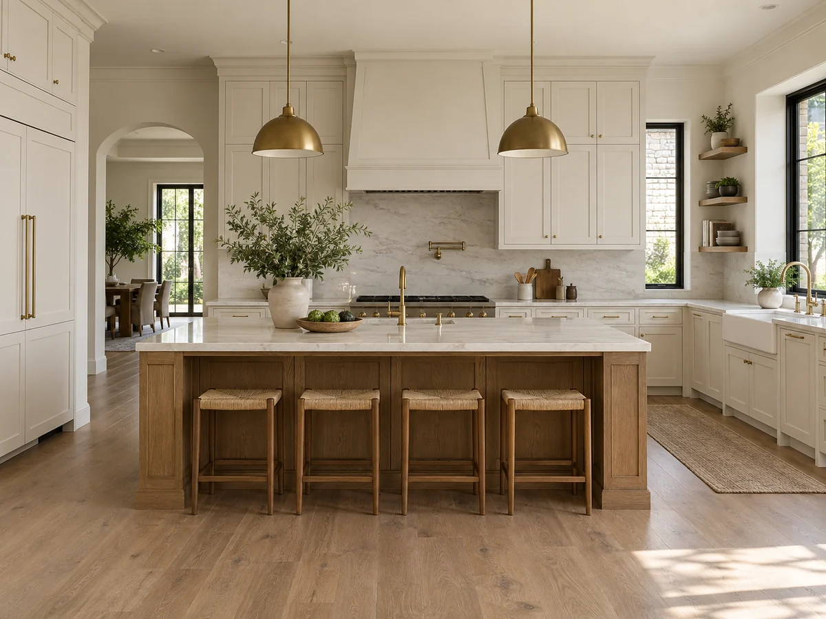 Warm white shaker-style cabinetry with oak island and pale stone worktops in a villa kitchen