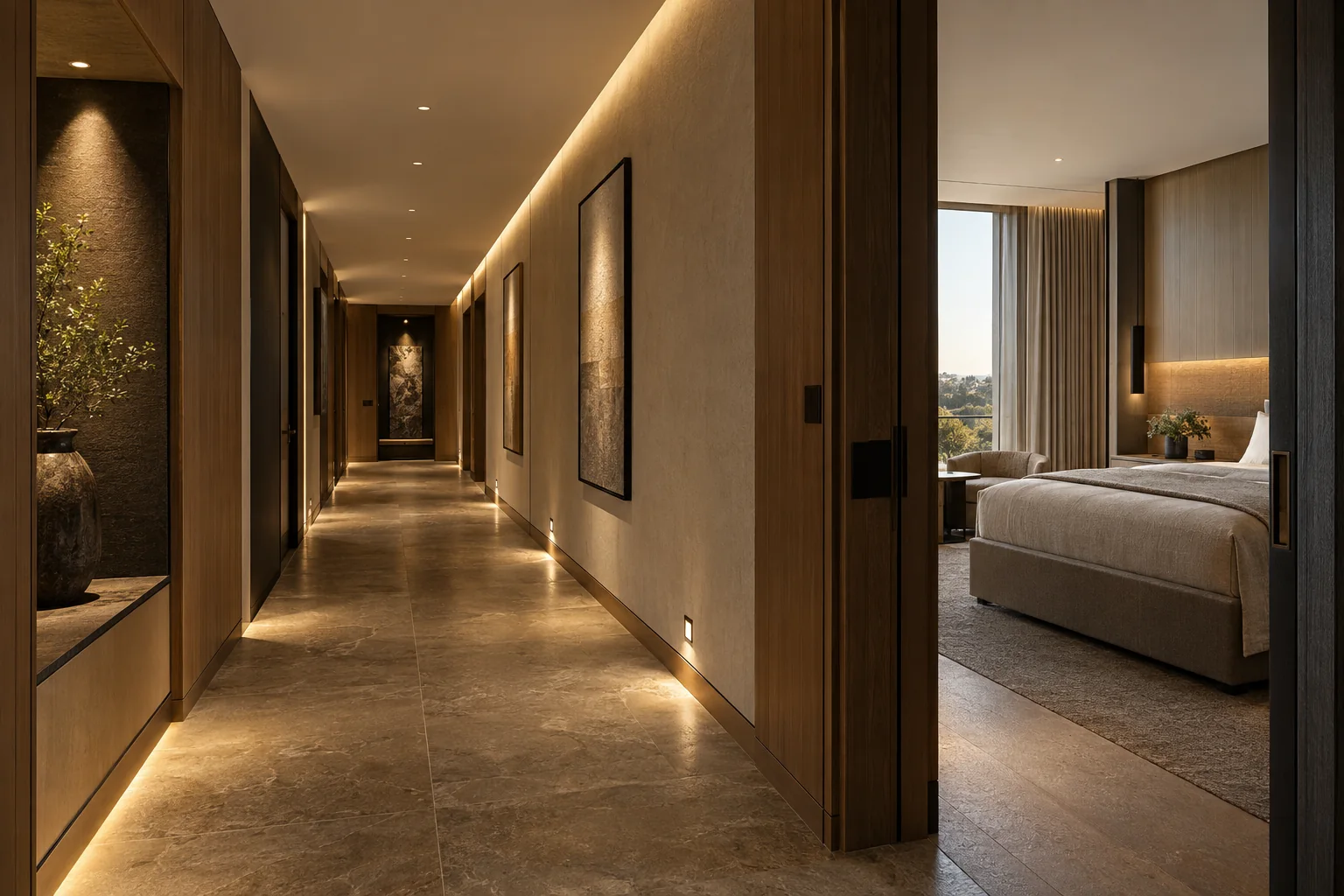Hotel corridor and guestroom with recessed downlights, linear cove lighting, wall washing and low-level guide lights