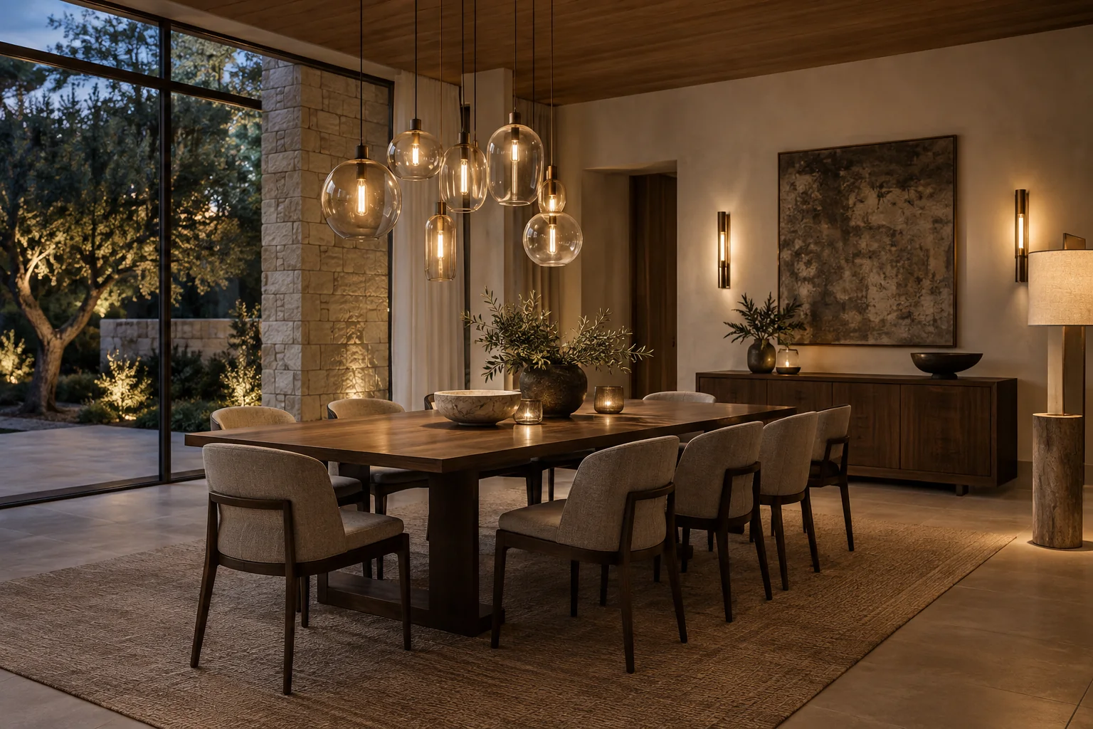 Villa dining room with coordinated glass pendants, wall sconces and floor lamp