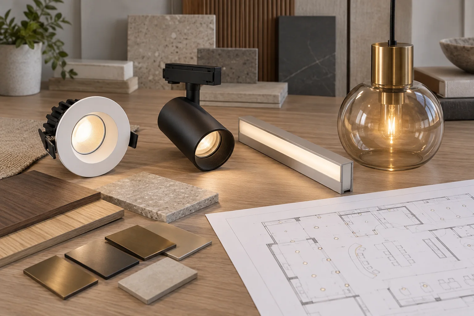 Lighting sample review with downlight, track spotlight, linear profile, pendant and coordinated finish samples