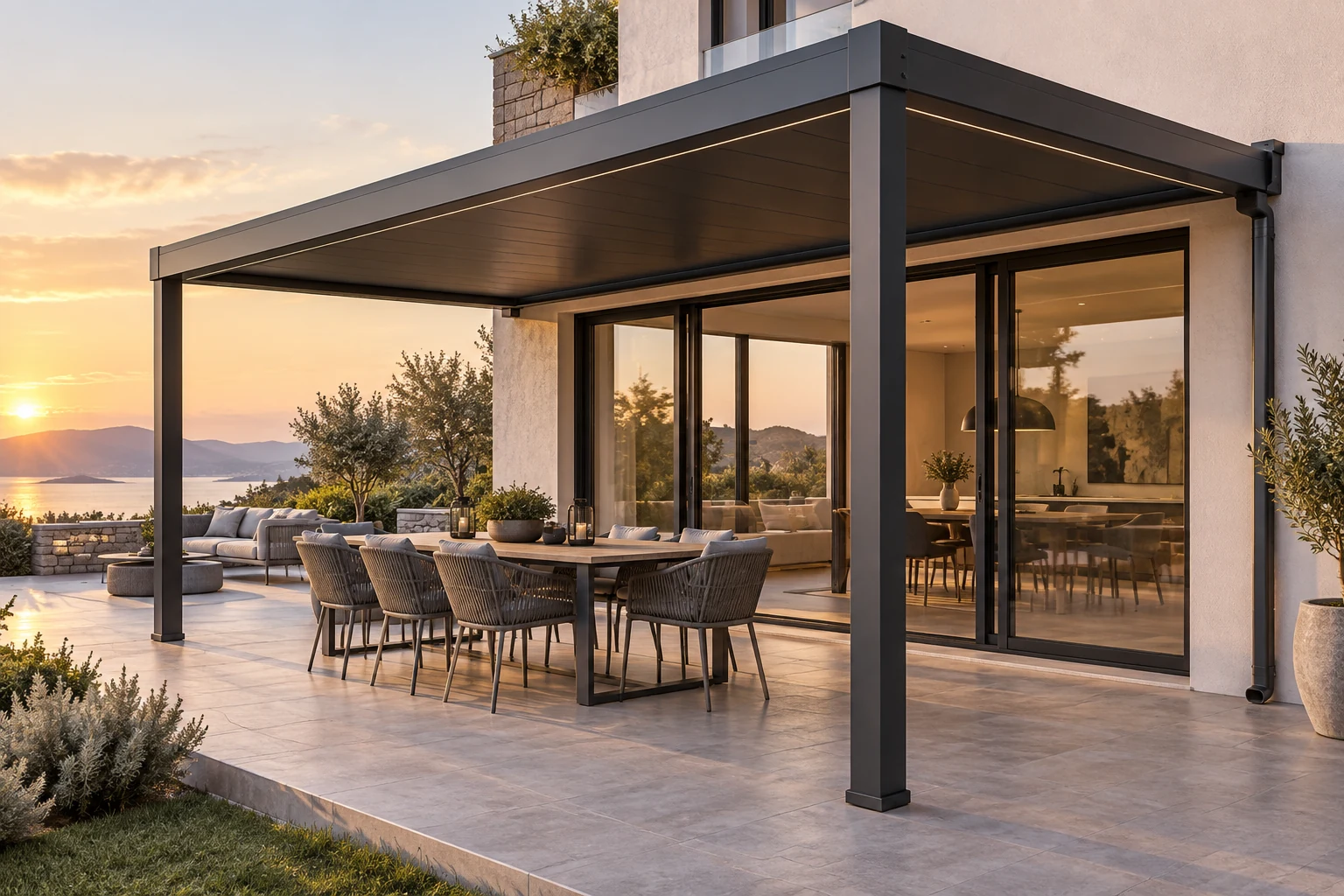 Attached aluminum patio pergola coordinated with villa sliding doors