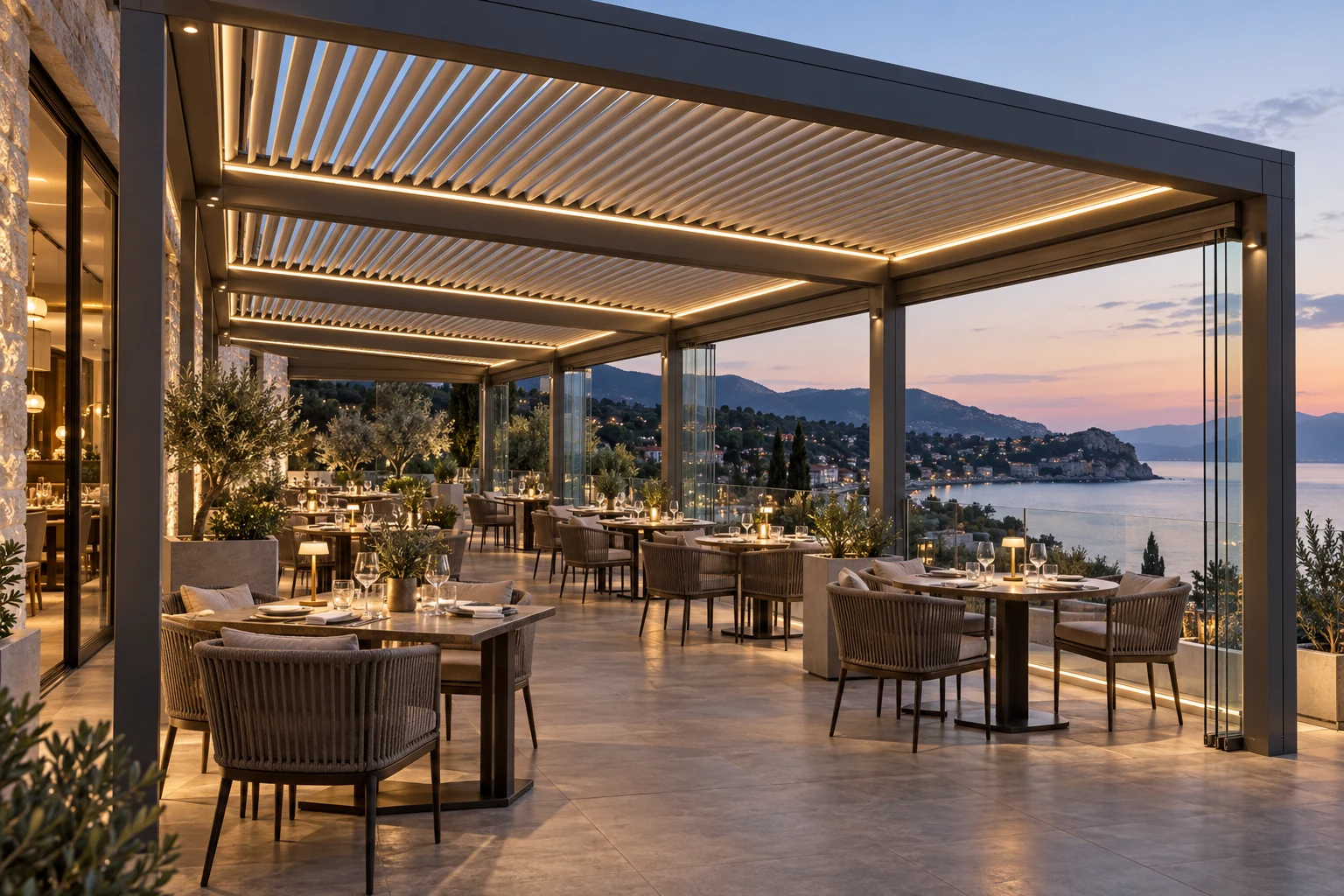 Modular louvered pergola across a boutique hotel restaurant terrace