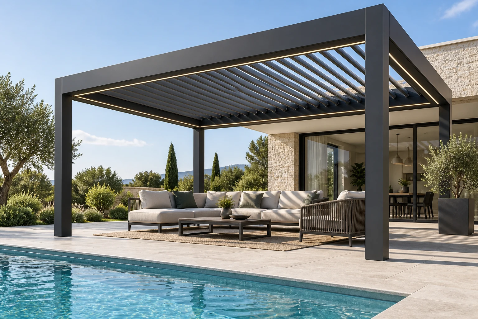 Bioclimatic motorized louvered pergola beside a pool