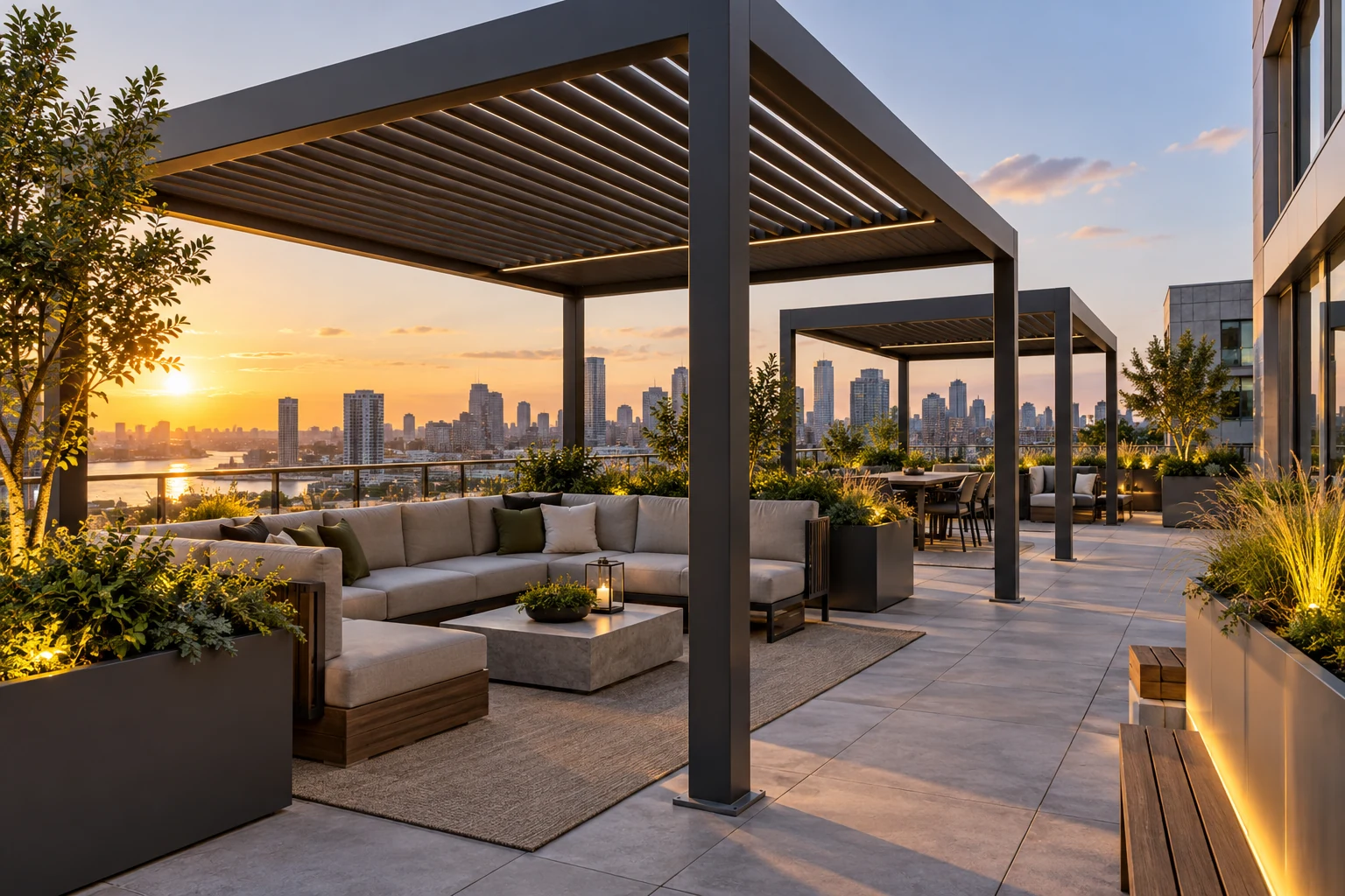 Modular pergolas on a premium apartment rooftop terrace