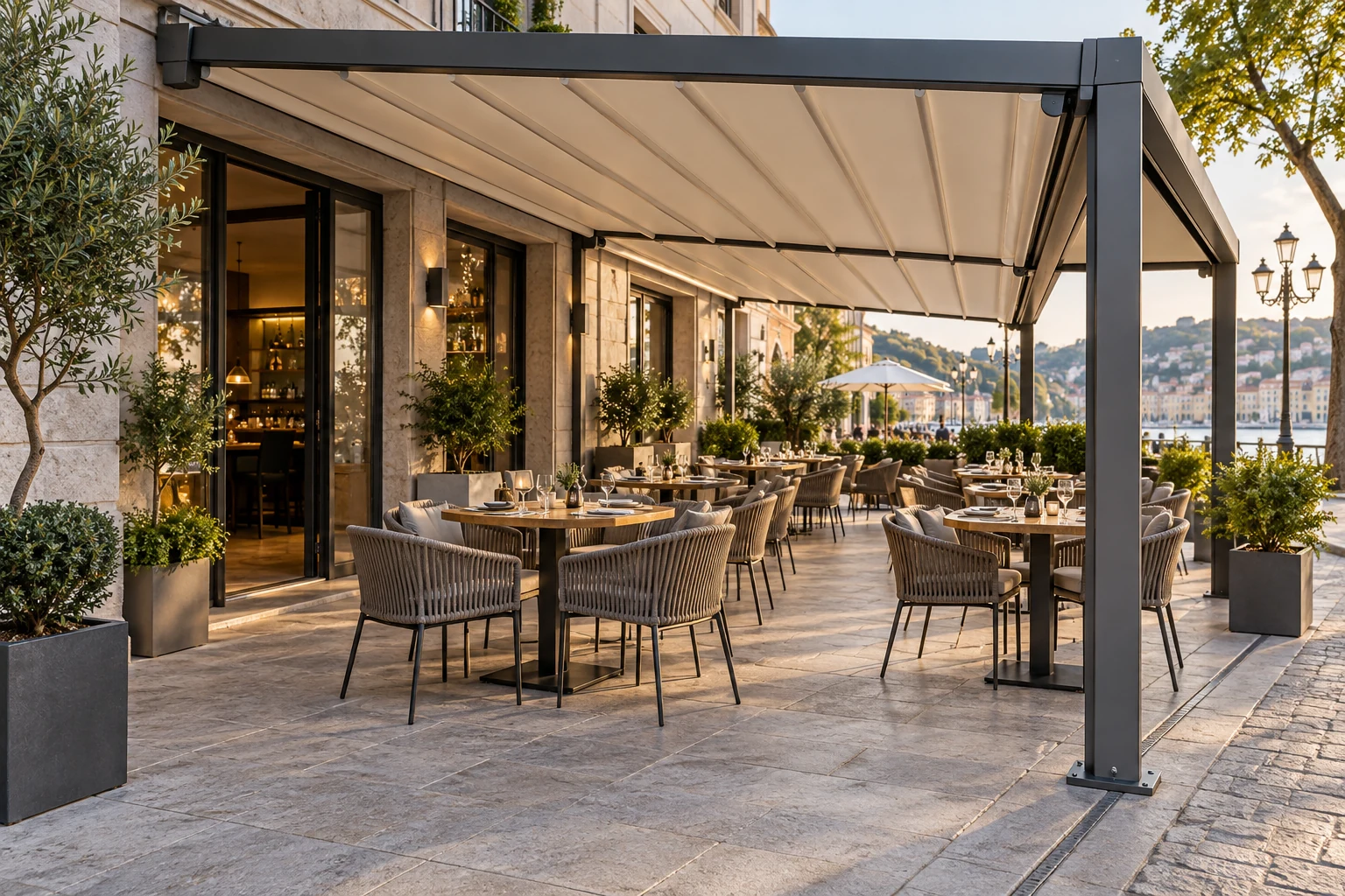 Retractable pergola over a contemporary restaurant terrace