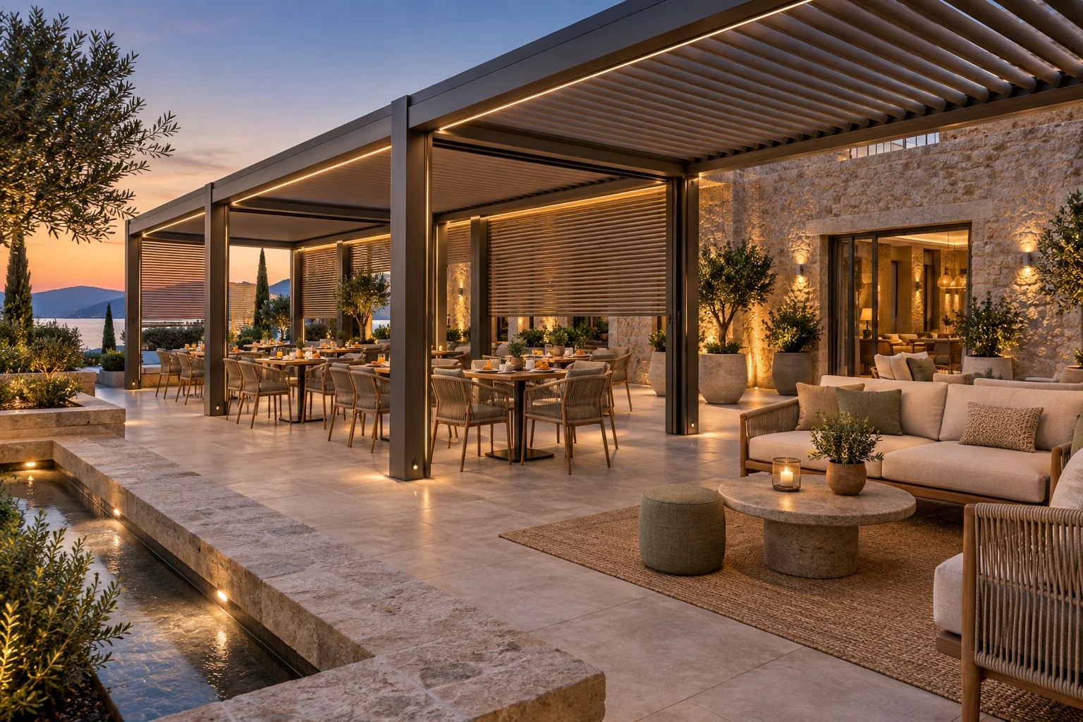 Louvered pergola across a boutique resort courtyard