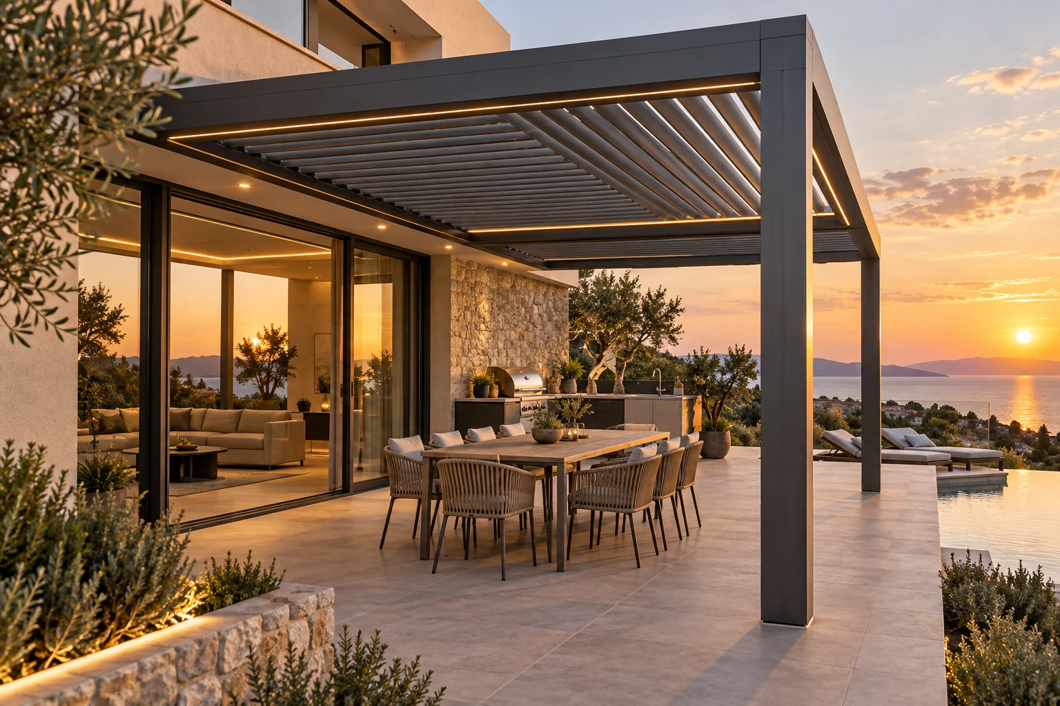 Louvered pergola shading a luxury villa outdoor kitchen and dining terrace