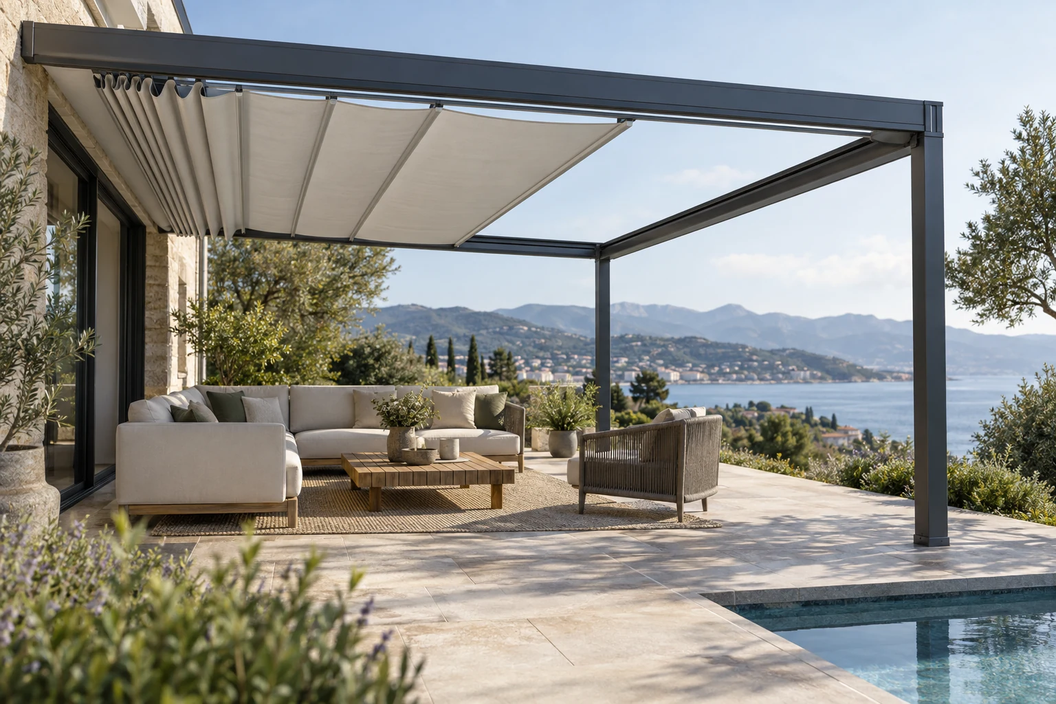 Aluminum pergola with a tensioned retractable fabric canopy