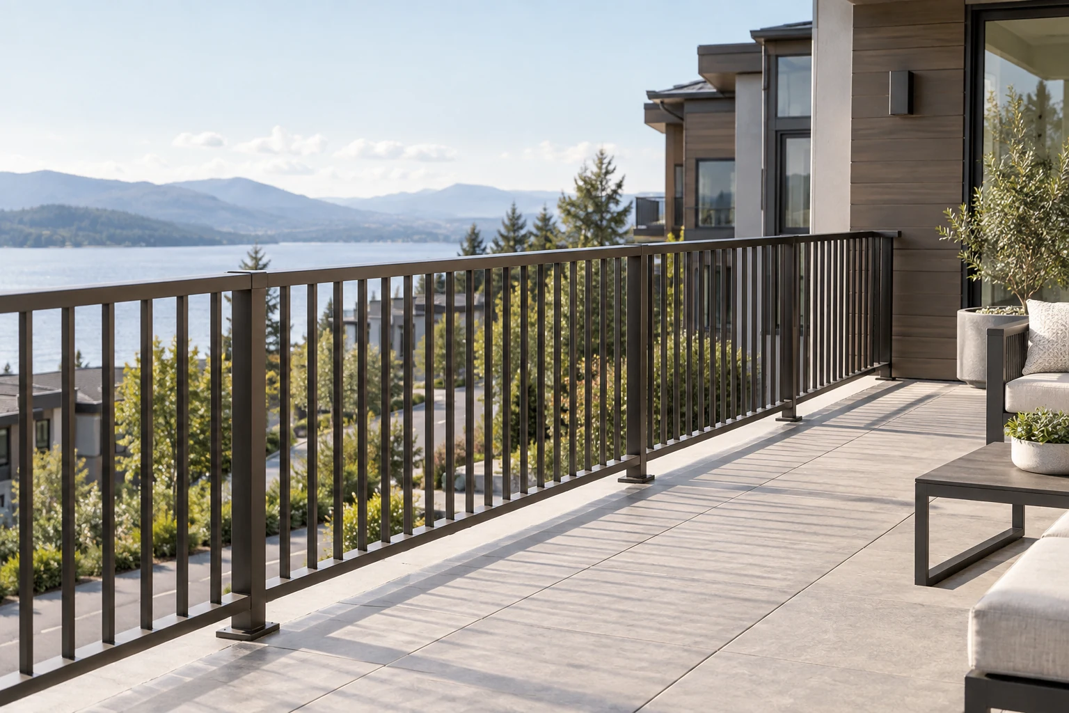 Dark bronze aluminum baluster railing on a townhouse terrace