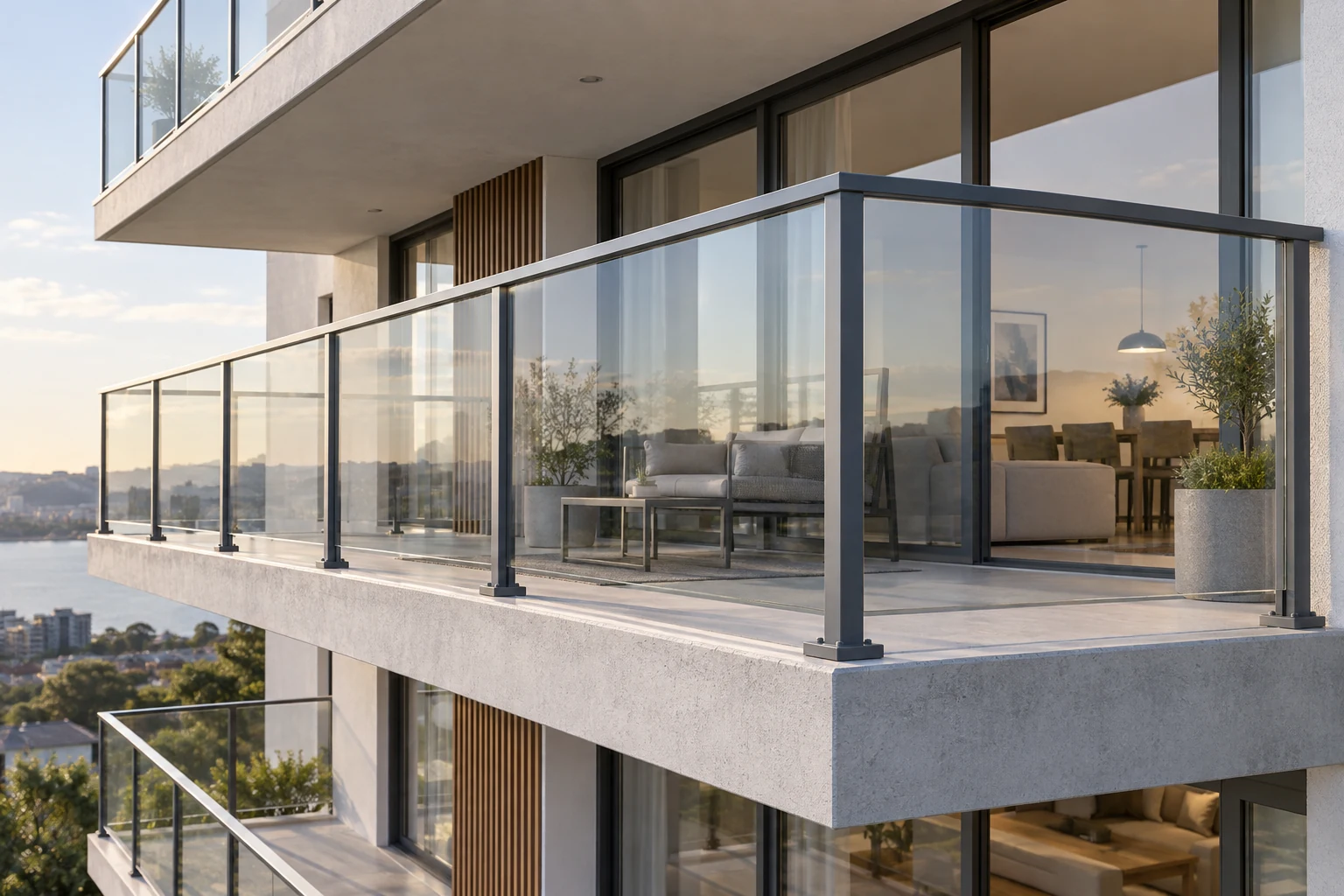 Framed glass railing with slim aluminum posts and top rail