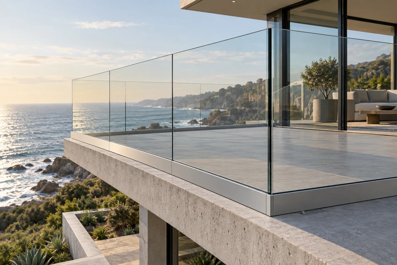 Frameless glass balcony railing with a continuous aluminum base shoe