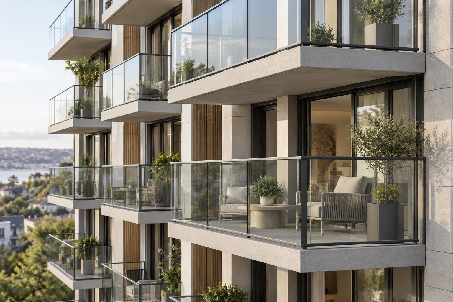 Apartment balconies with repeatable framed glass railings