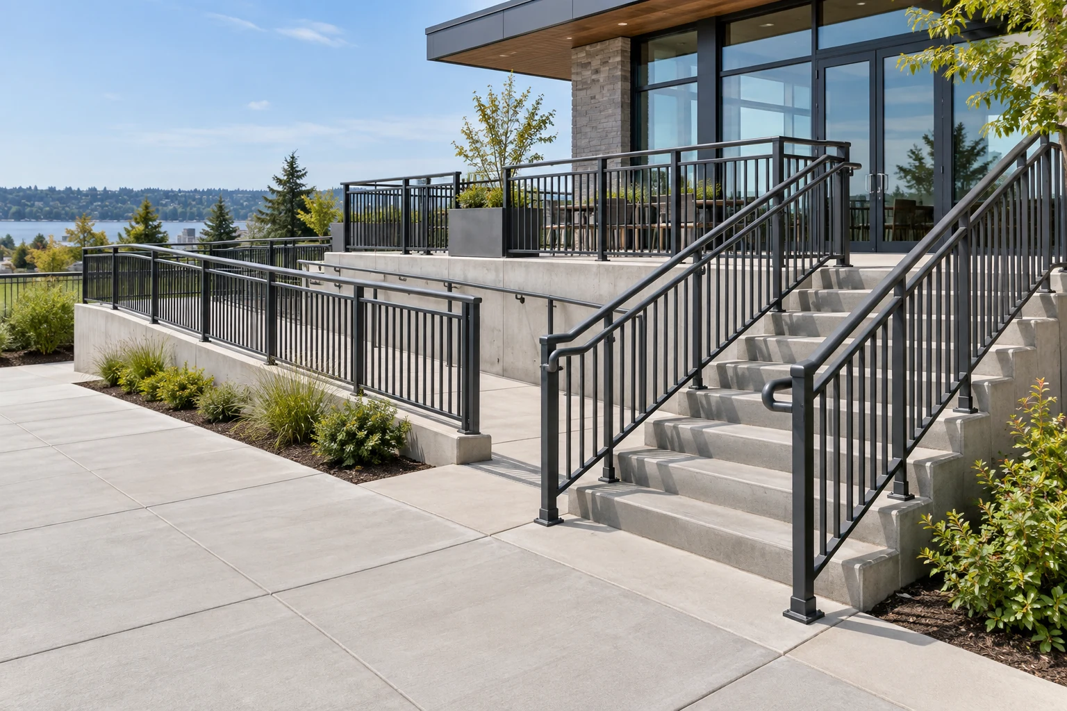 Aluminum baluster guards and handrails at a public terrace stair