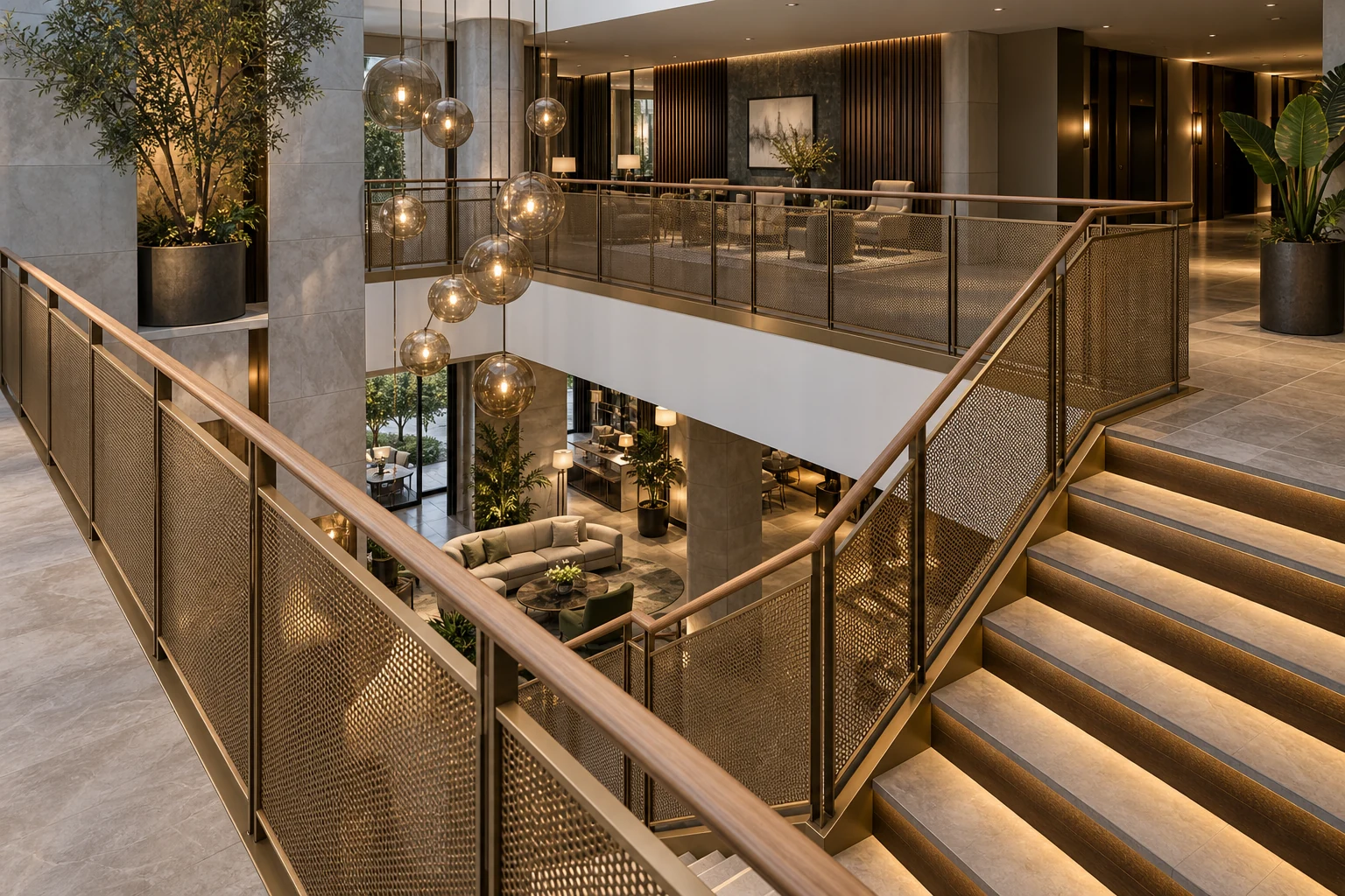 Bronze metal mesh railings around a boutique hotel atrium
