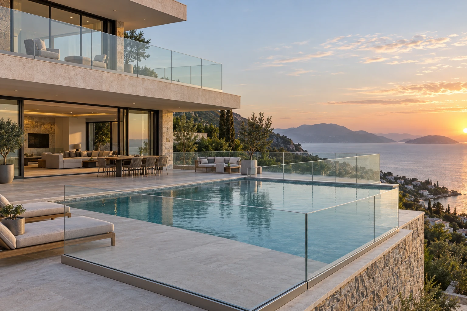 Luxury villa with coordinated frameless glass balcony and pool railings