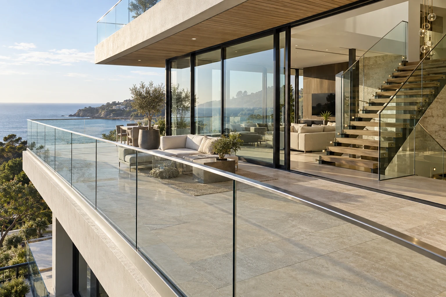 Coastal villa with coordinated glass balcony and interior stair railings