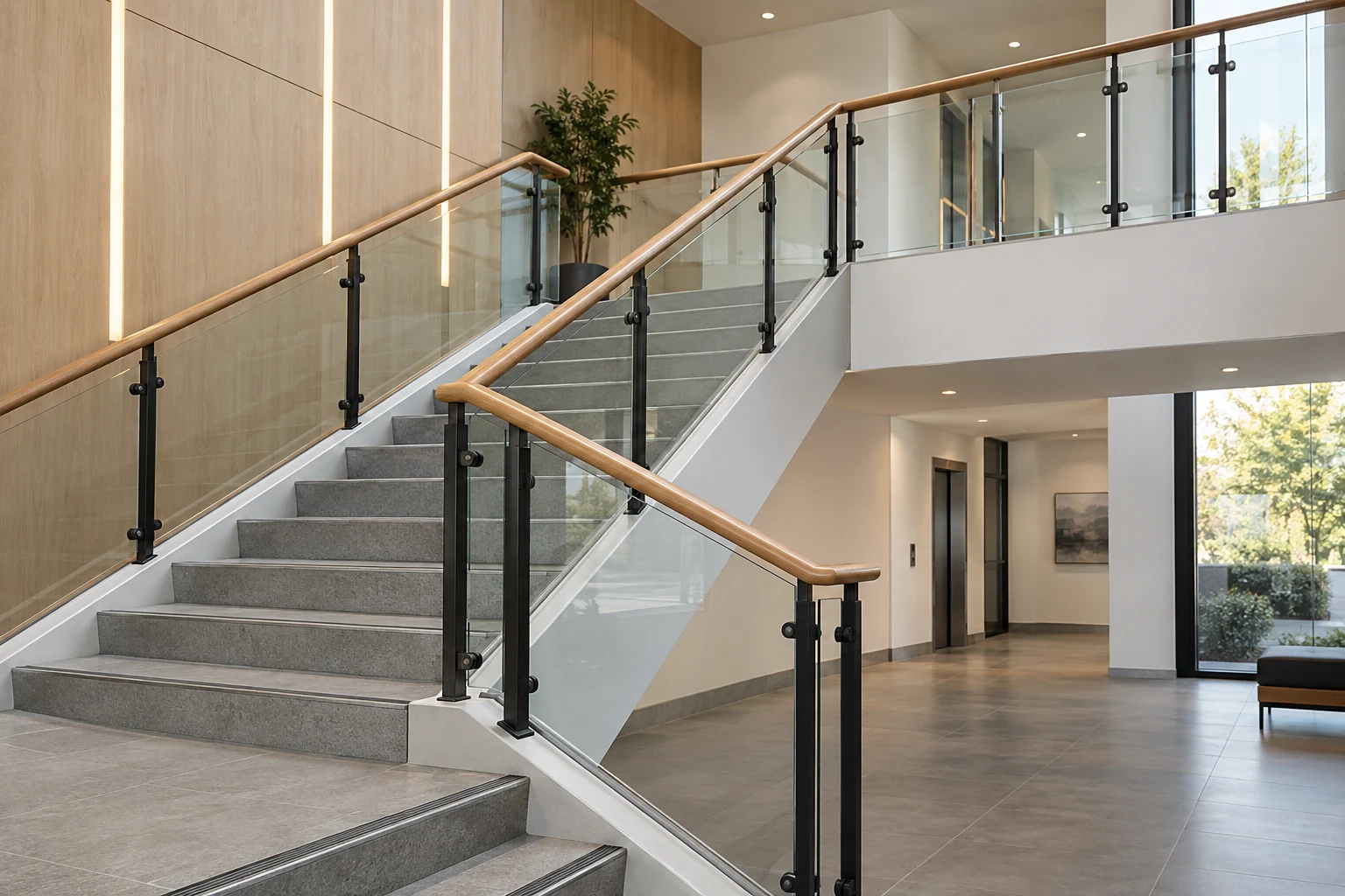 Glass stair guard with black metal posts and a timber handrail