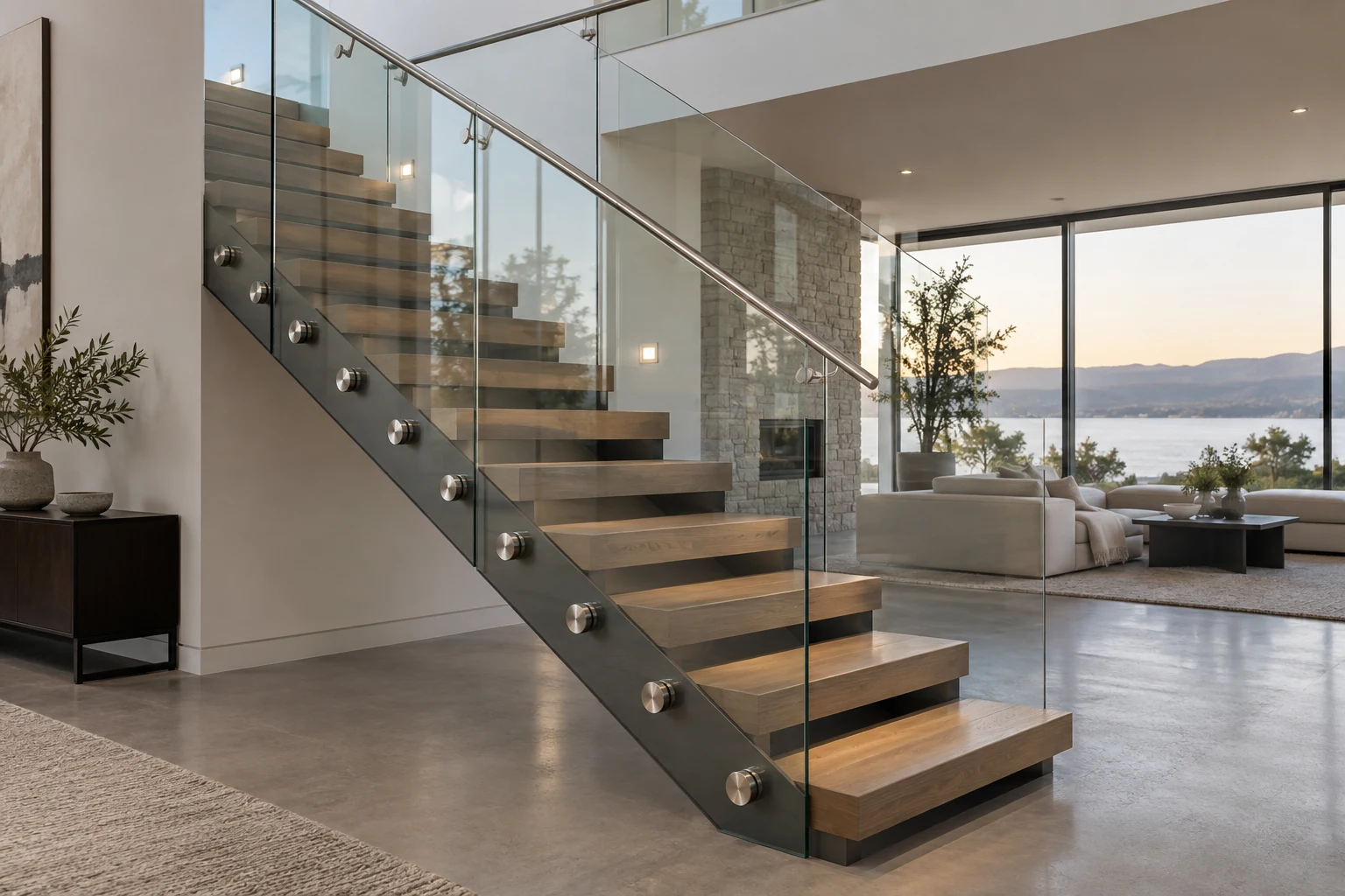 Point-fixed glass stair guard with aligned stainless standoffs