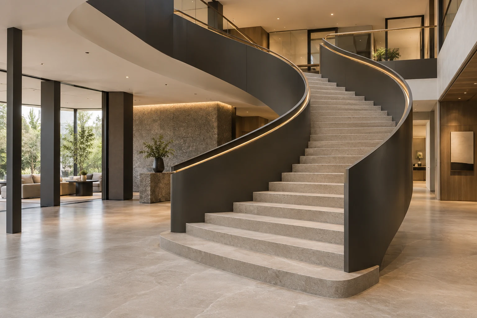 Curved feature staircase in a boutique hotel lobby