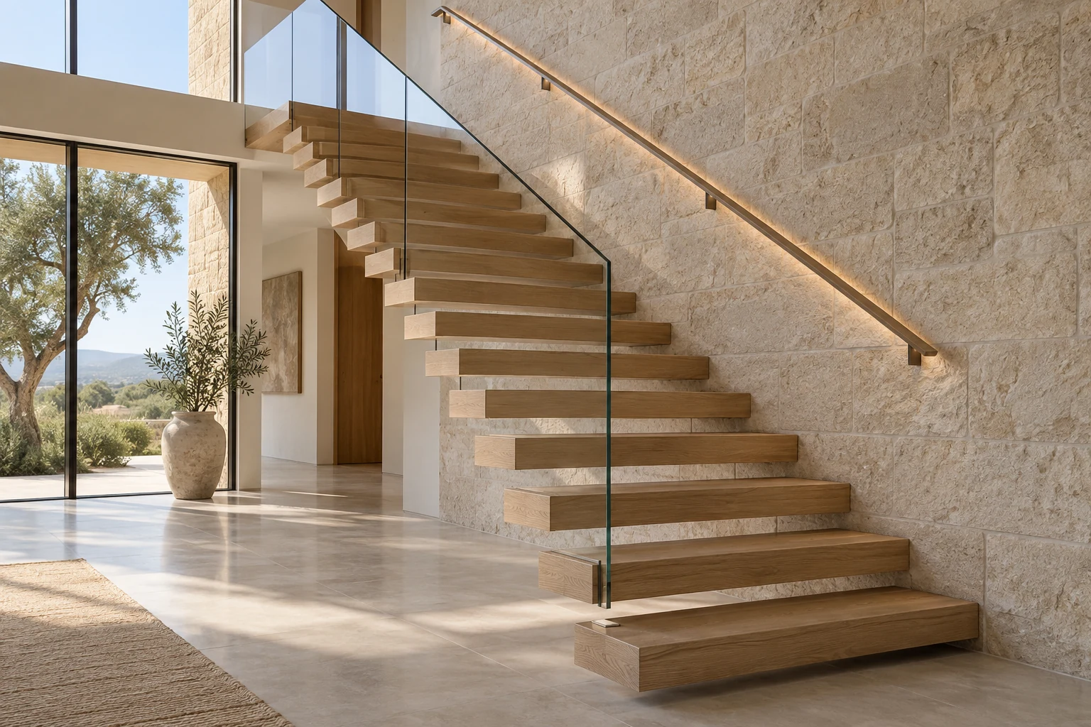 Cantilevered timber staircase with a clear glass guard