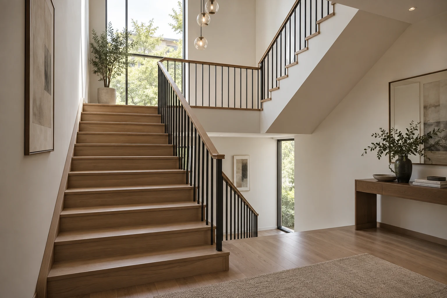 U-shaped staircase with a central landing in a modern interior