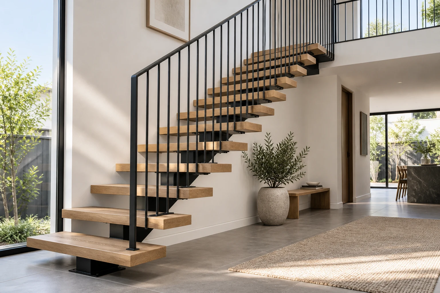Mono-stringer staircase with timber treads and glass guards