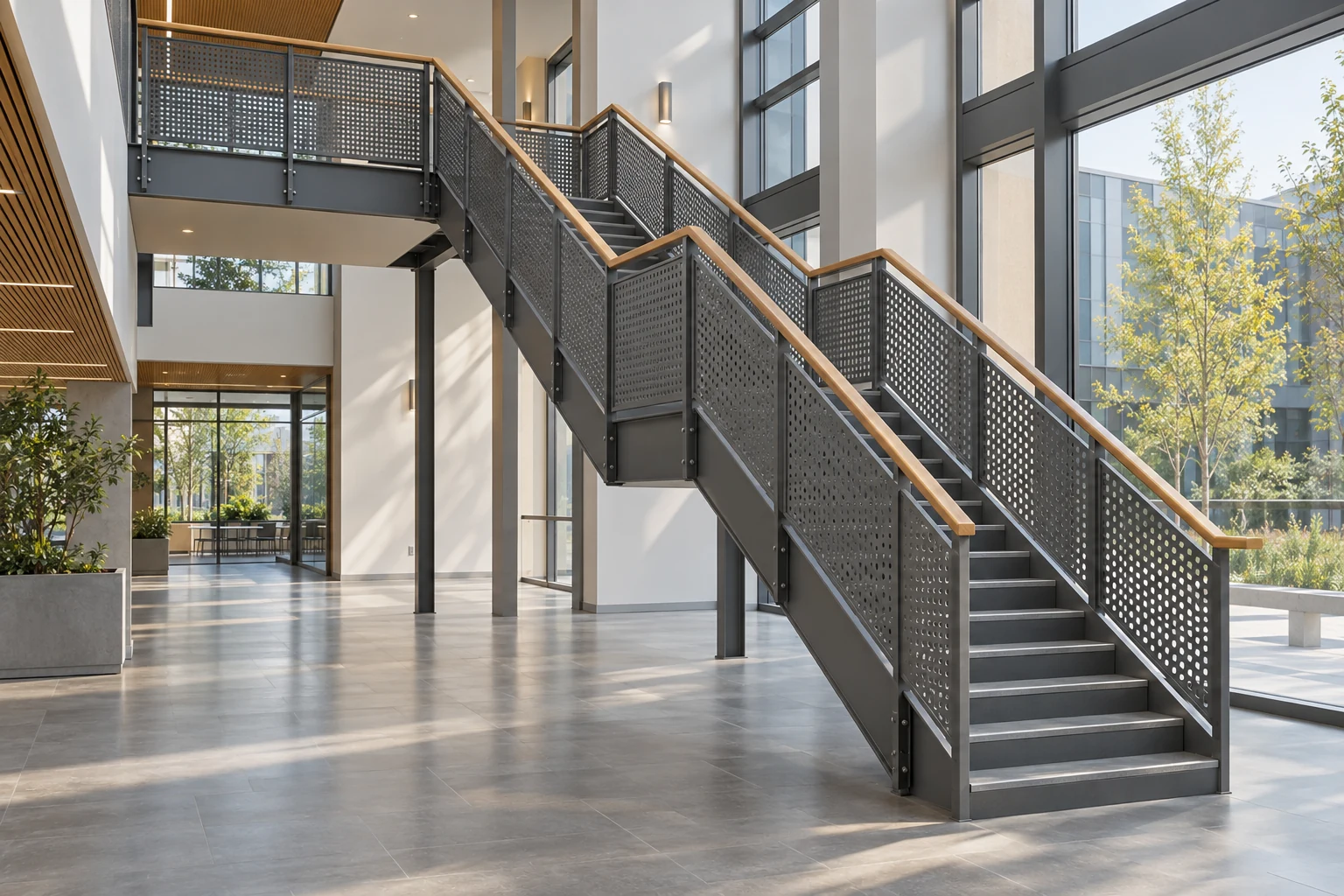 Durable steel staircase in a light-commercial atrium