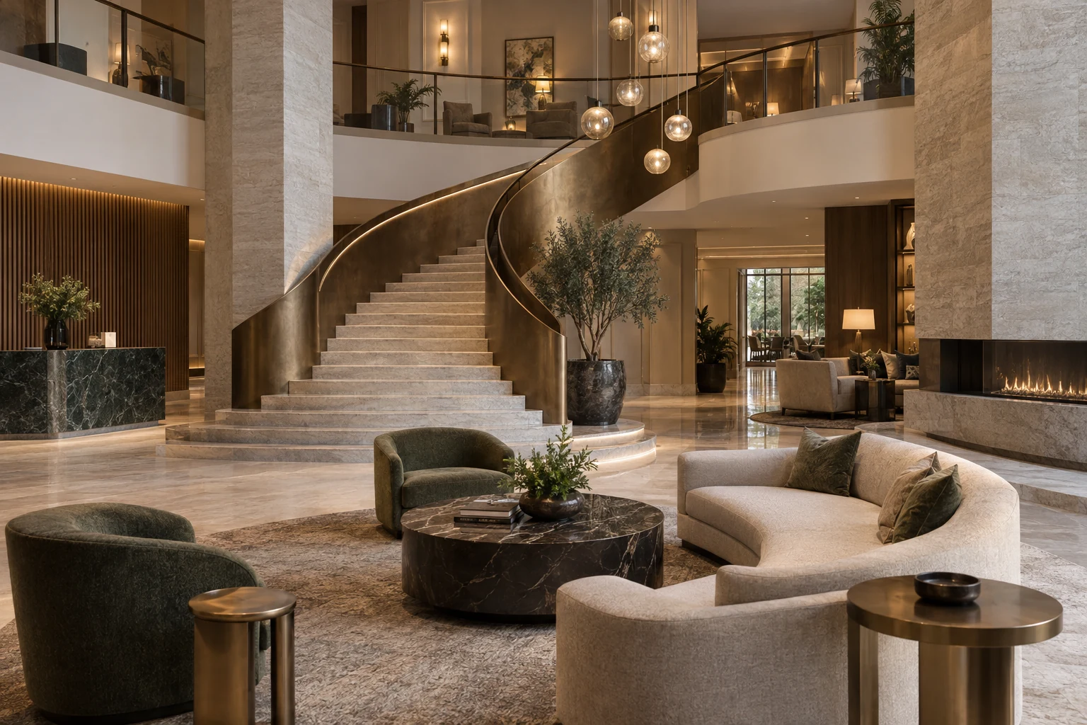 Curved feature staircase in a boutique hotel lobby