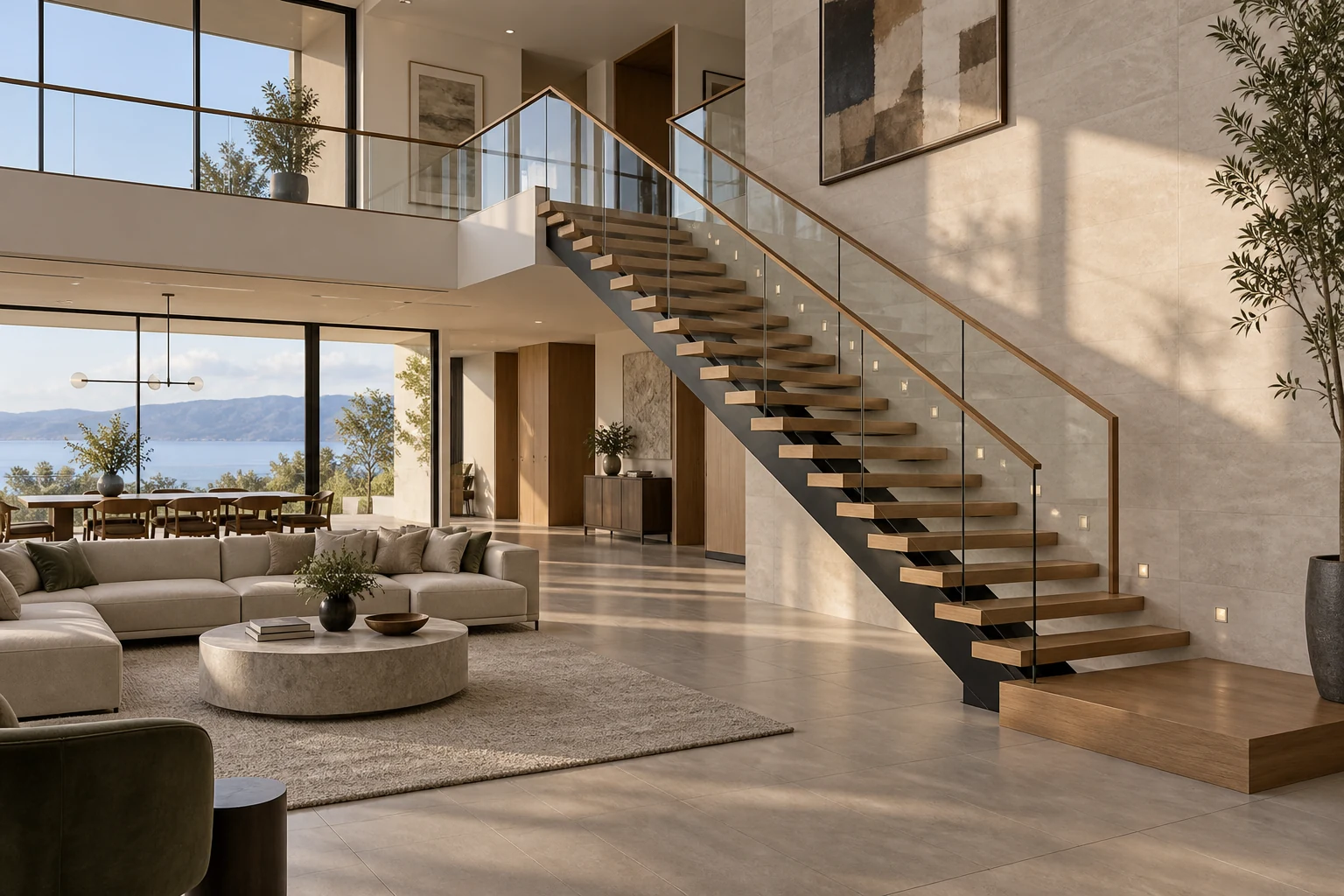 Bespoke open-riser feature staircase in a luxury villa