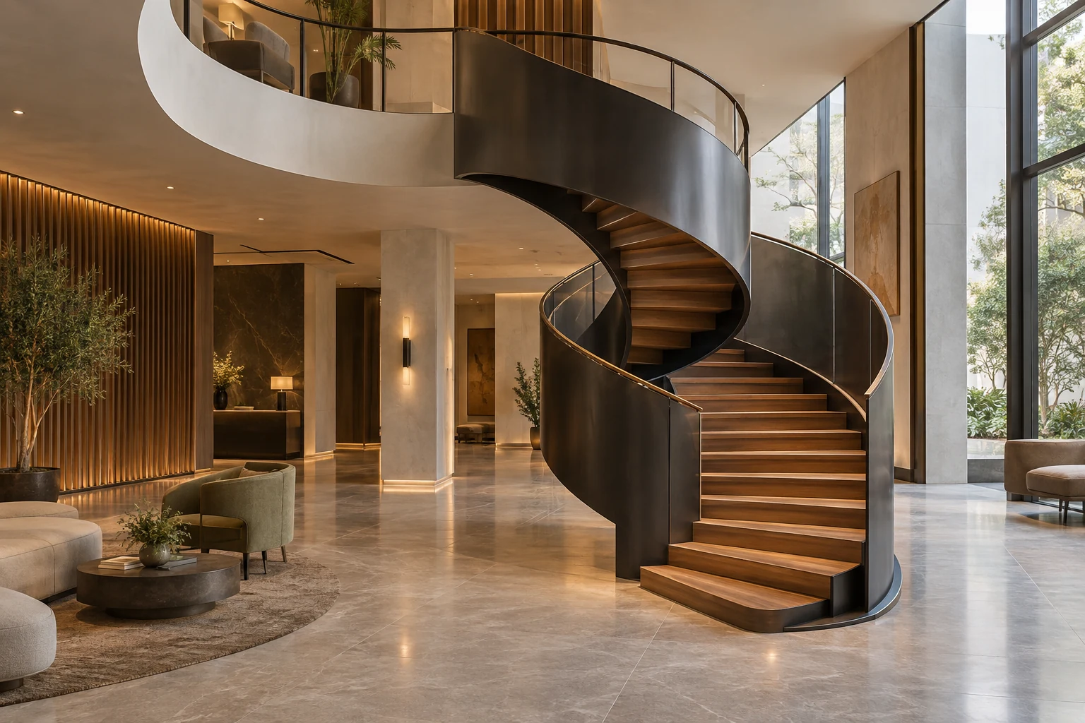 Sculptural helical staircase with coordinated curved guard
