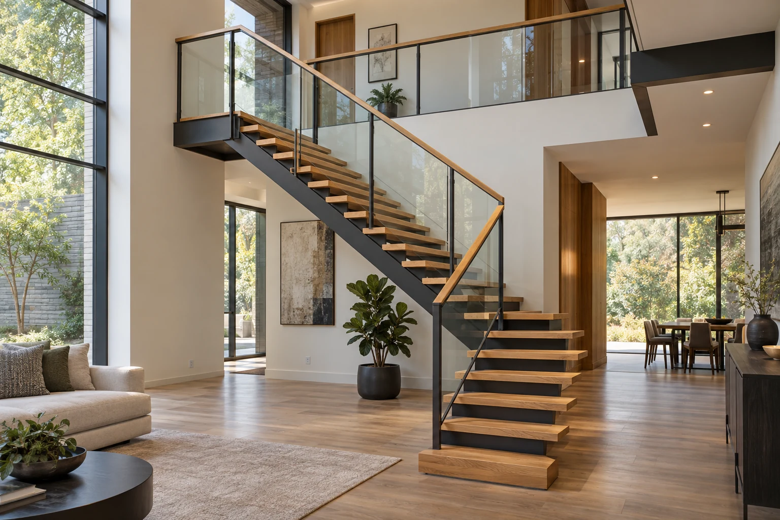 Modern open-riser staircase with timber treads steel stringer and glass guards