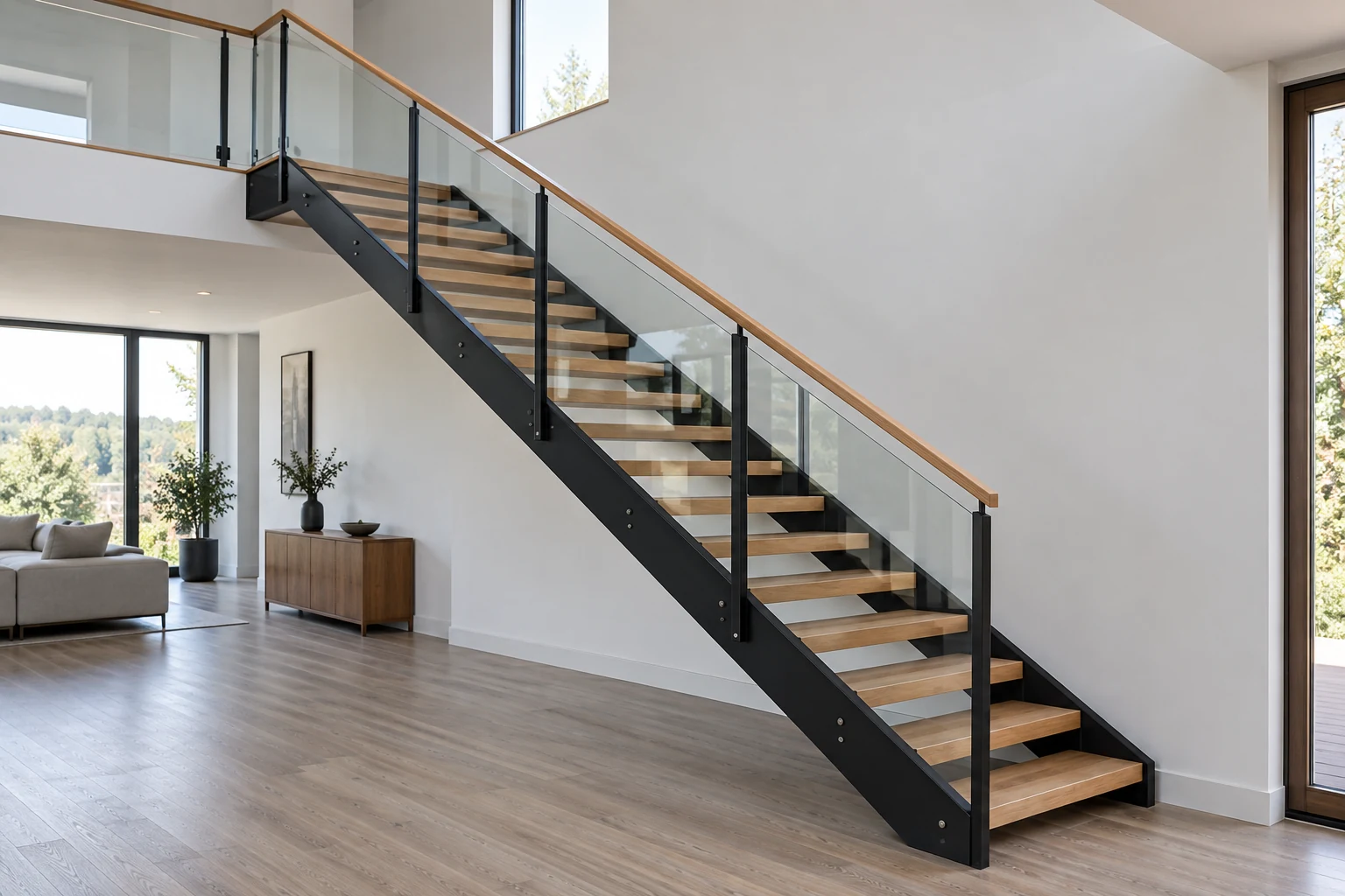 Straight open-riser staircase with timber treads and steel support