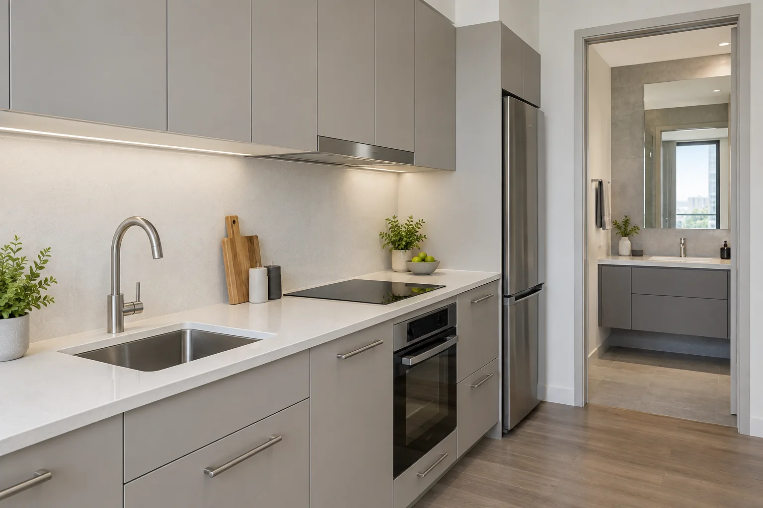 Repeatable apartment quartz kitchen worktop and sintered bathroom vanity surfaces